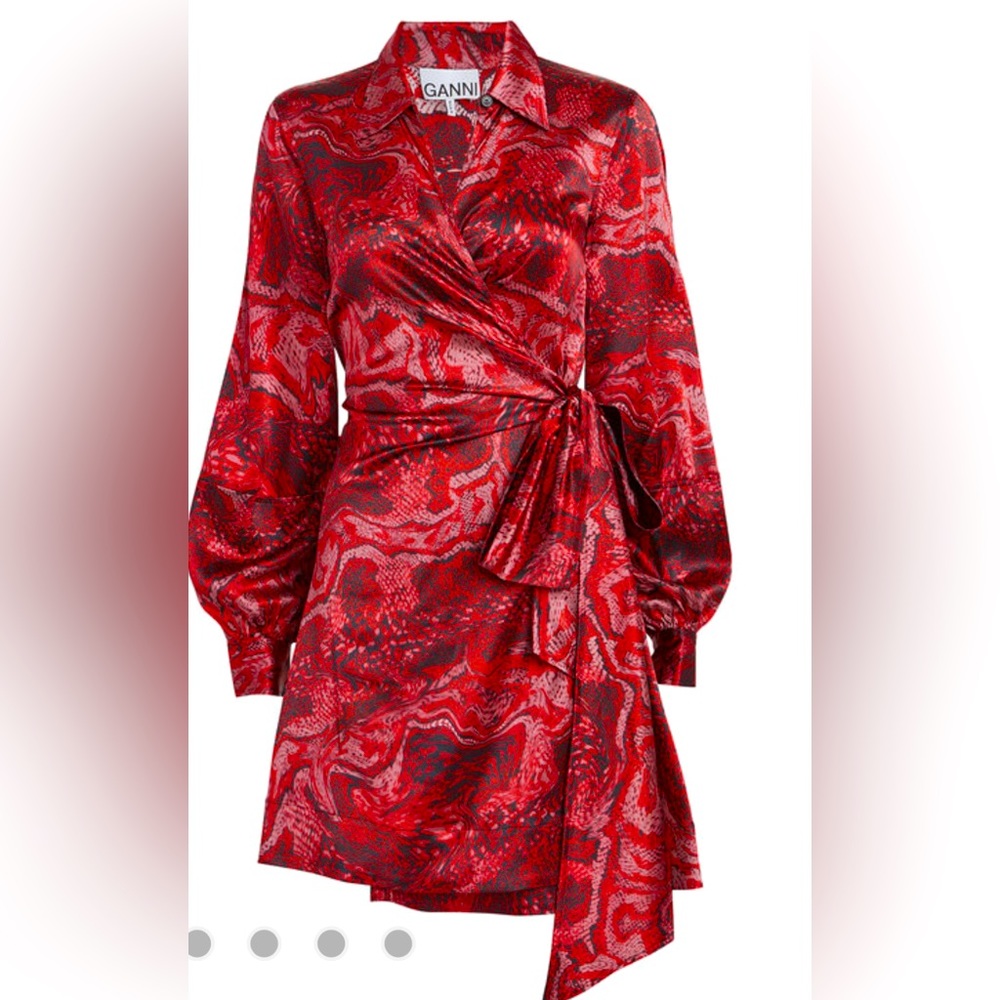 GANNI Red silk satin printed wrap mini dress Size EU 38 (4-6 US)